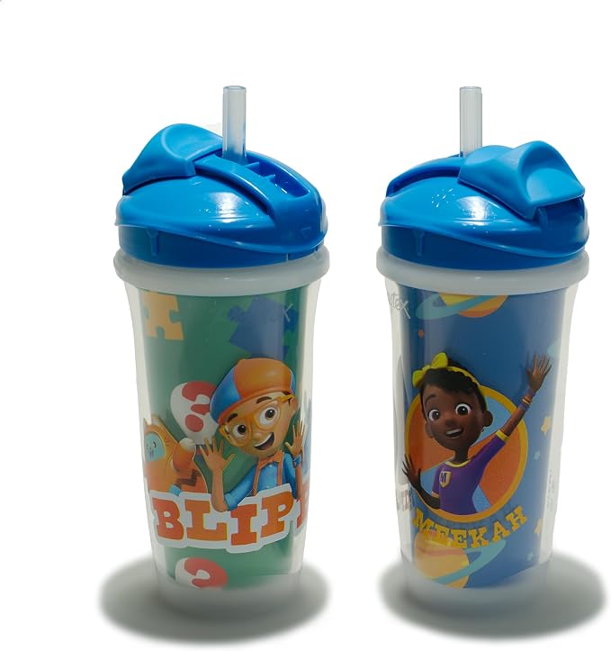 Playtex Baby Sipsters Straw Sippy Cup for 12+ Months, 9 Ounce (2 Count), Blue Blippi Design, Insulated Toddler Water Bottle for Kids, Spill-Proof Cups for Toddlers 1-3, Stage 3