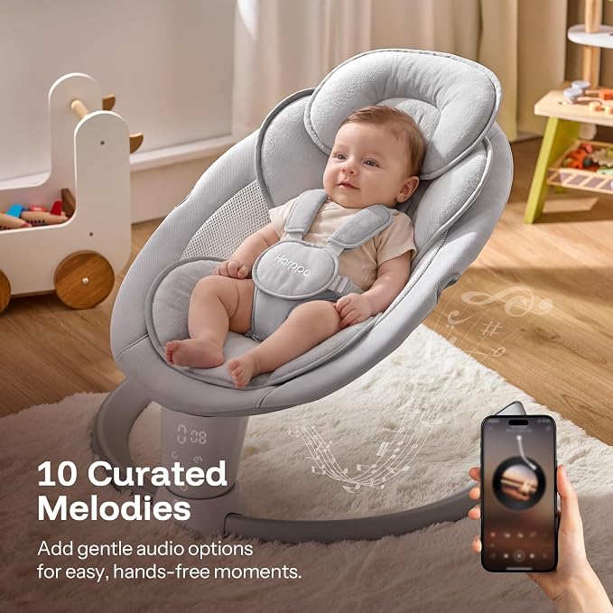 HARPPA Weddell Electric Baby Swing for Infants, 5-Point Harness, 5 Motion Levels, Remote & Touch Control, Built-in Melodies, Portable Baby Swing for Indoor Use,Light Gray