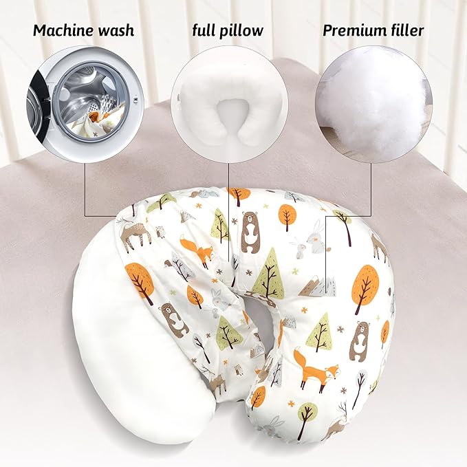 LAT Nursing Pillow for Breastfeeding,100% Cotton Removable Cover,Ergonomic Breast Feeding Pillows for Mom and Baby,Machine Washable(Fox Rabbit & Bear)