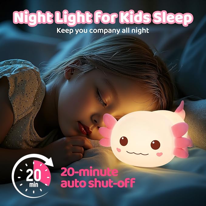 Mewaii Huggwaii Squishy Axolotl Night Light for Kids ??Dimmable Silicone Axolotl Lamp, 2025 Upgraded Baby Night Light, Rechargeable, 20H Battery Life, Sleep Aid Gift for Toddlers, Girls&Room Decor