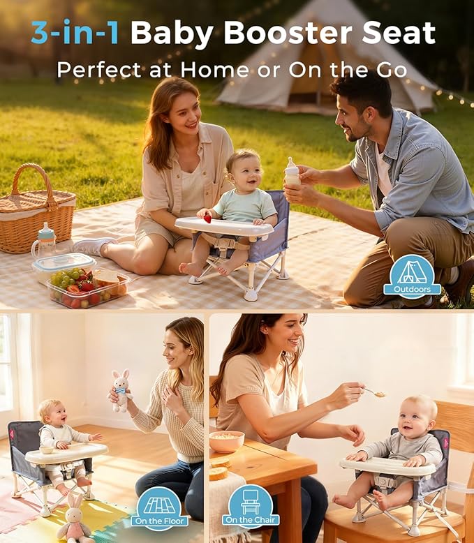 Portable Baby Chair, Baby Beach Chair with 2-Pack Interchangeable Seat Covers, Portable Booster Seat with Tray & Travel Bag, Compact Foldable, Easy-Swap Colors, Perfect for Travel