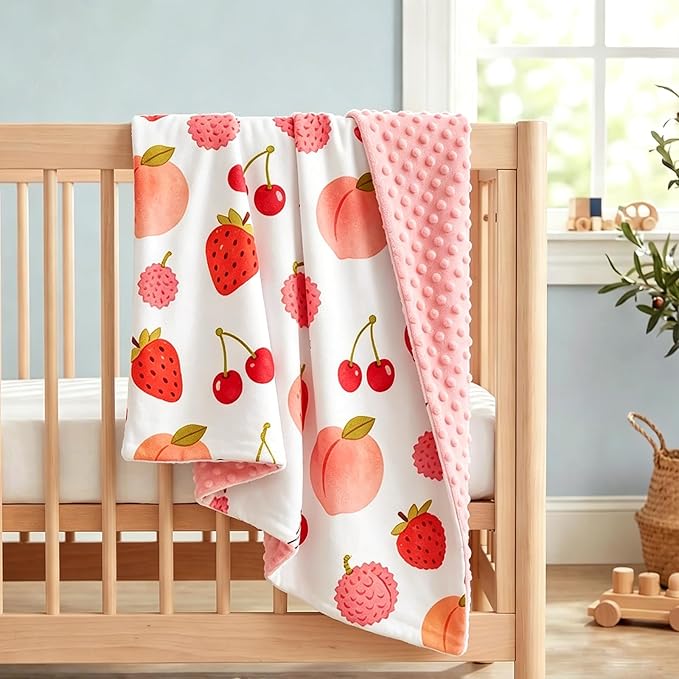 Strawberry Cherry Peach Lychee Minky Baby Blanket for Girls, 29.5'' x 39.3'' Soft Double Layer Receiving Blankets with Dotted Backing for Newborn Toddler Nursery Crib Stroller Car Seat