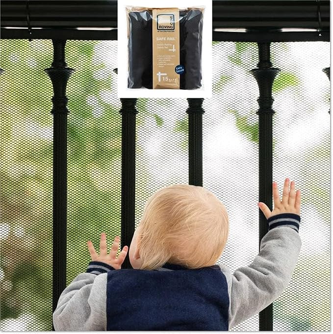 Roving Cove Stair Banister Guard 15ft x 3ft, Railing Safety Net for Baby Proofing, Child Safety Stairway Cover, Balcony Mesh Netting, Ebony Black