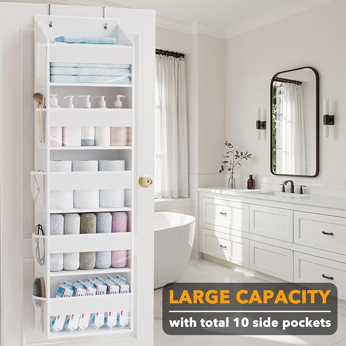 SpaceAid 1 Pack Over The Door Organizer with 5 Large Pockets and 10 Mesh Side Pockets, 5 Layers Door Organizer Hanging with Clear Window for Bedroom, Bathroom, Pantry and Nursery, White