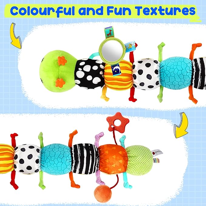 Baby Stuffed Caterpillar Toys for 0-6 6-12 Months, Musical Animal Sensory Toys for Infant 3 6 9 12 18 Months, Tummy Time Toys with Mirror Rattle Crinkle for Newborn Boys Girls Shower Gifts