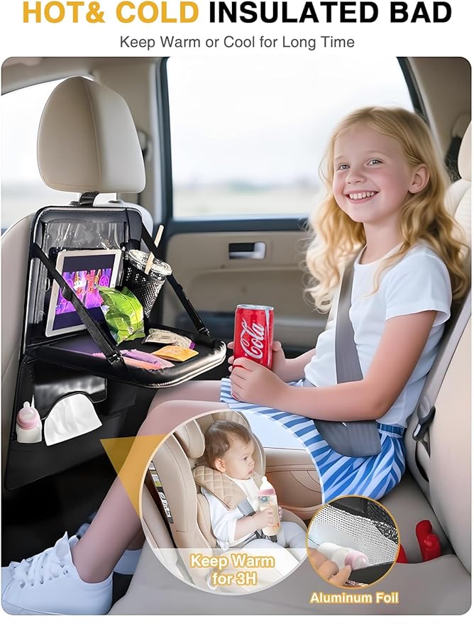 1-Pack Leather Car Backseat Organizer with Tablet Holder?“Foldable Food Tray,Storage Pockets,Trash Can,Tissue Holder & Insulated Bag?“Kick Mats Protector for Kids,Travel Accessories Organizer