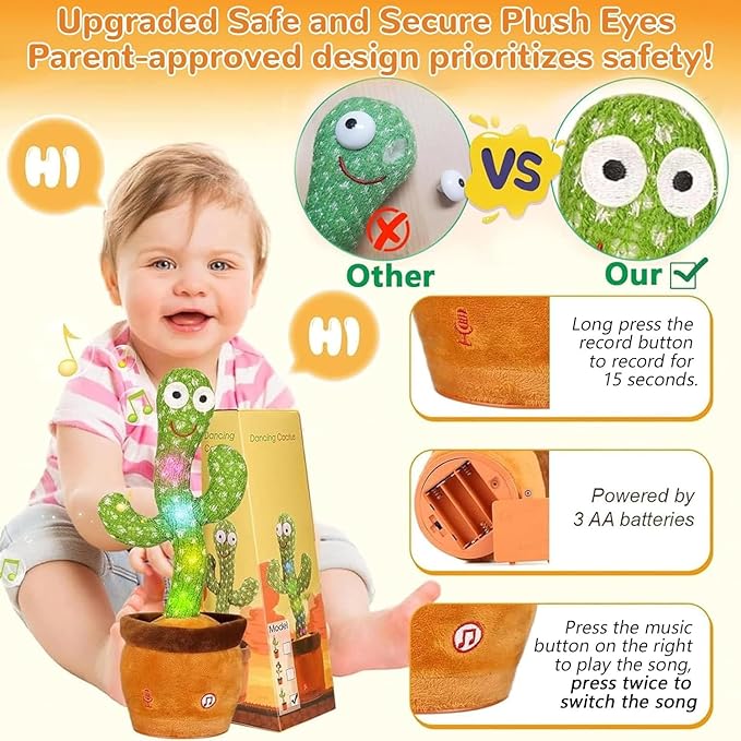 Dancing Talking Cactus Toy, Baby Singing Recording Mimicking Cactus Toy, Repeats What You Say, Musical Interactive Infant Toddler Toys for 1 Year Old Boys Girls, Baby Easter Basket Stuffers Gifts