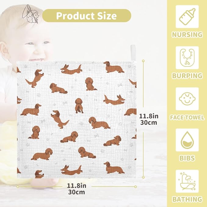 vvfelixl Baby Cotton Washcloths Dachshund Long Haired Infants Bath Towel for Unisex Face Towels for Newborn, Natural Baby Wipes Delicate Skin, 11.8 X 11.8 inch, one sizex5