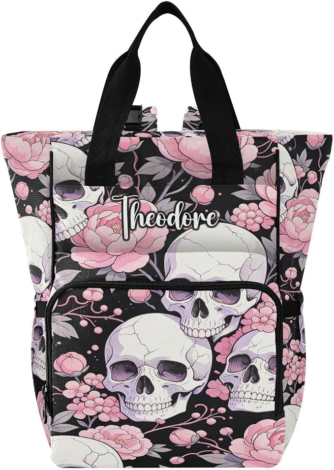 Personalized Skull Light Pink Peonies Diaper Bag Insul Large Cap Mom Dad