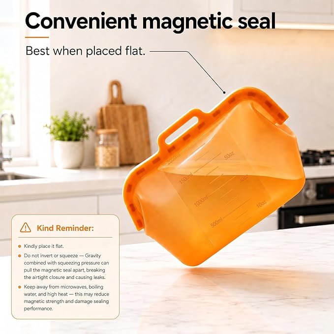 Reusable Silicone Food Storage Bags, Magnetic Seal Reusable Storage Bags, Stand Up Silicone Freezer Bags for Food, Fruit, Snack, Sandwich, Meal Prep, Dishwasher Safe, 50oz, 1 Pack