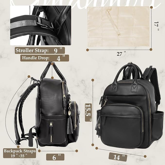 Omanmoli Diaper Bag Backpack,Leather Baby Bag with 16 Pockets,Large Travel Diaper Backpack,Baby Essential Organizer,4 Insulated Pockets,Changing Pad,Black
