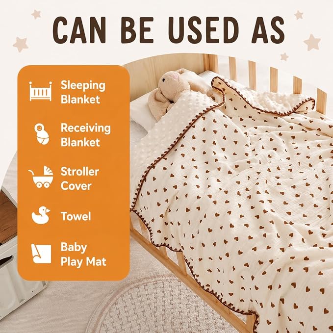 Muslin Swaddle Blankets for Newborns, Baby Fleece Blanket, 40 x 40 Inches, Soft Breathable Baby Blanket (Hearts)
