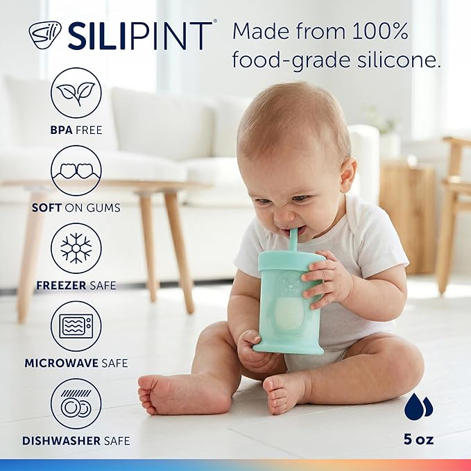 Silipint Penguin Training Cup for Babies with Straw Lid - Weaning Friendly Sippy Cup in Soft Food-Grade Silicone for 6+ Months Toddlers Giving Spill Resistance - Transparent Green Toddler Cup in 5oz
