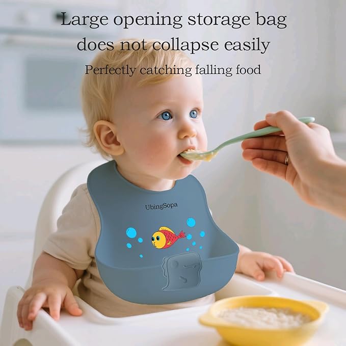 Silicone Baby Bibs ??Adjustable, Soft, Waterproof & Durable, with Large Food-Catching Pocket, Feeding-Friendly