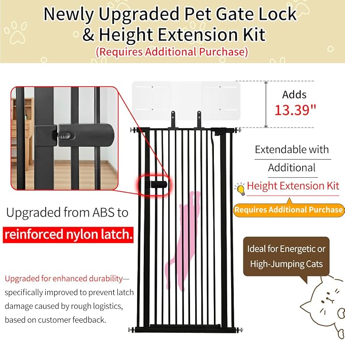 Lumizone Extra Tall Cat Gate 55.12" High Pressure Mounted 29.92"-42.51" Extra Wide 1.37" Gap No Drilling Auto-Close One-Handed Operation Tall Pet Gate for Dogs(Black, 55.12" H x 29.92"-42.51" W)