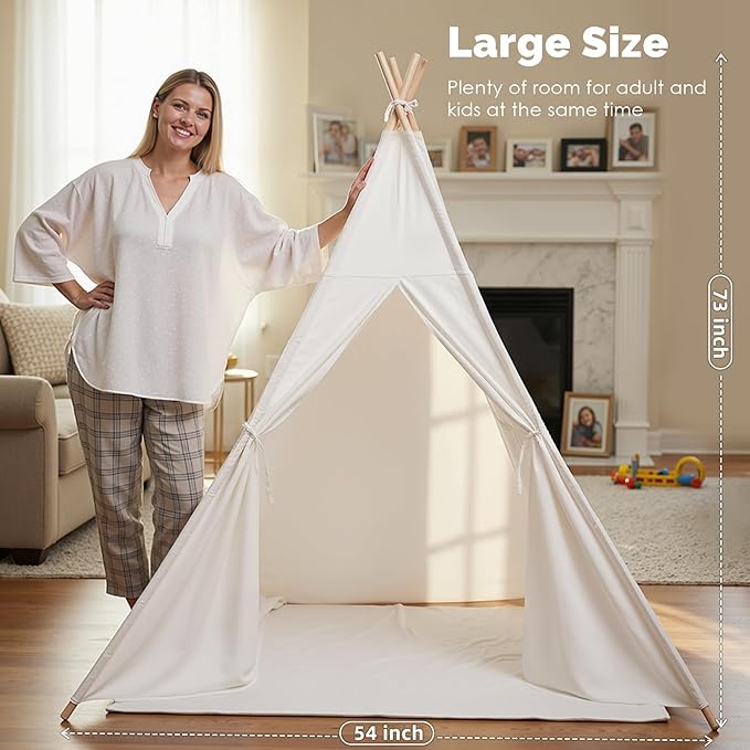 Sumbababy Large Teepee Tent for Kids Indoor - Cotton Canvas Slumber Play Tents for Adults - Foldable Sleepover Tents for Girls Boys Party Gift Toy, White