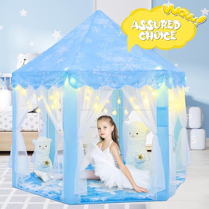 Frozen Tent for Girls Age 4-7, Princess with Snowflake Lights, Kids Play Tent for Girls Indoor, Princess Castle Playhouse for Toddlers, Blue Frozen Toy 55x53 inch