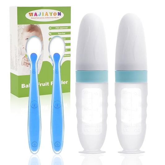 WAJIAYON Baby Food Feeder 4 Pack Silicone Baby Food Dispensing Spoon-3 oz Squeeze Feeding Spoons with Suction Cup for Boys Girl Kids Toddlers - Self Feeding Bottle Spoon-Light Blue