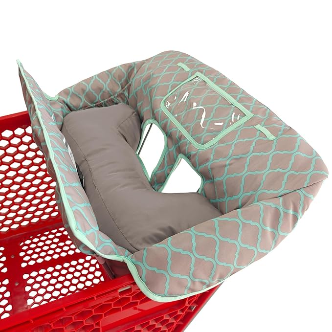 Love&go Soft Pillow Attached 2-in-1 Shopping Cart and High Chair Cover for Baby, Cotton Padded Cart Cover, Fold'n Roll Style, Portable with Carry Bag (Gray Grid)