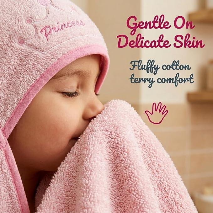 EVERYDAY KIDS Hooded Baby Toddler Bath Towel for Girls - 3D Pink Princess Towel with Crown; Soft and Absorbent Terry Cloth Hooded Towel for Young Kids; Baby Girl Bath Essential