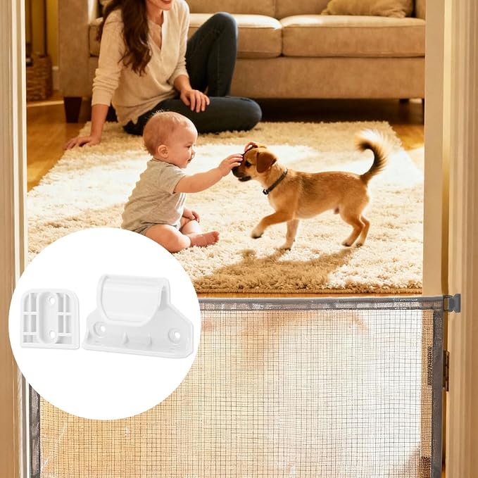 Retractable Baby Safety Gate Replacement Parts Kit, White Baby Safety Gate Hardware Extension Set with 2 Latches 2 Brackets 13 Screws 13 Expansion Tubes