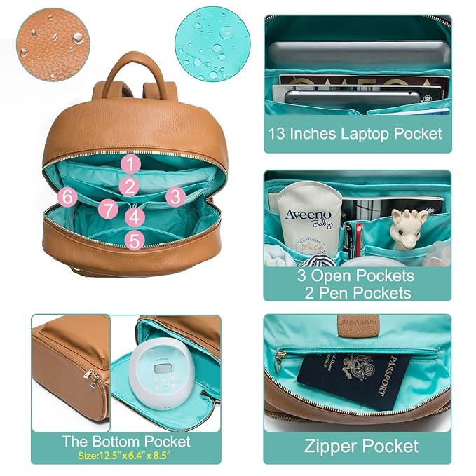 MOMINSIDE Mini Diaper Bag Backpack, Breast Pump Bag, Small Baby Diaper Bag, Leather Mini Diaper Bag, Diaper Bag Organizers, 2 Insulated Pockets, Stroller Strap