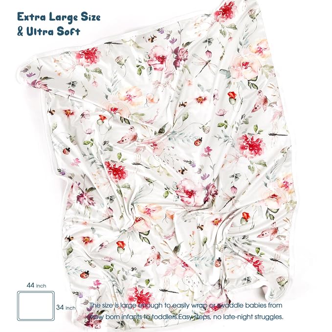 GRSSDER Baby Blankets Super Soft Jersey Knit Swaddle Blanket for Baby Girls and Boys, Double Layer Receiving Blankets 34 x 44 Inches Extra Large for Baby, Flowers and Insects