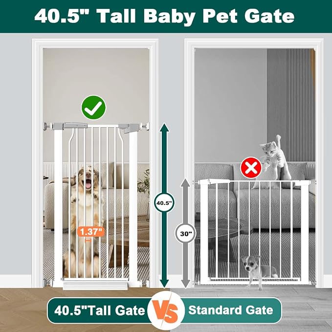 Fairy Baby 40.5" Extra Tall Pet Gate 22.5"-25.5" Narrow Opening No Drill | Auto Close Pressure Mounted Baby Gate, Metal Safety Child Gate for Stairs Doorways Walk Thrh, Puppy Dog Gates Indoor, White