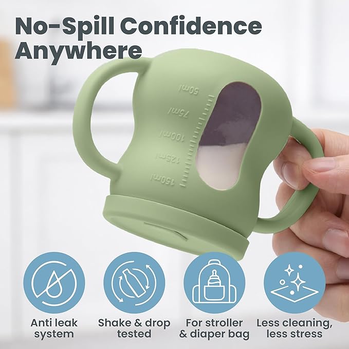 Silicone Sippy Training Cups with Straw 2-Pack, 6 oz Leak Proof Toddler Cups for Babies 6??6 Months, Bottle Weaning Cup Set, BPA Free Silicone with Handles, Green and Blue