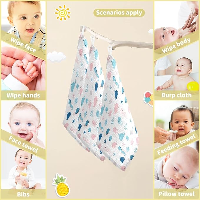 vvfelixl Cute Sea Life Baby Burp Cloths, Baby Muslin Washcloths for Boys Girls, Cotton Baby Face Towel for Newborn Infants Soft and Absorbent 11.8 X 11.8 in, 5 Pack