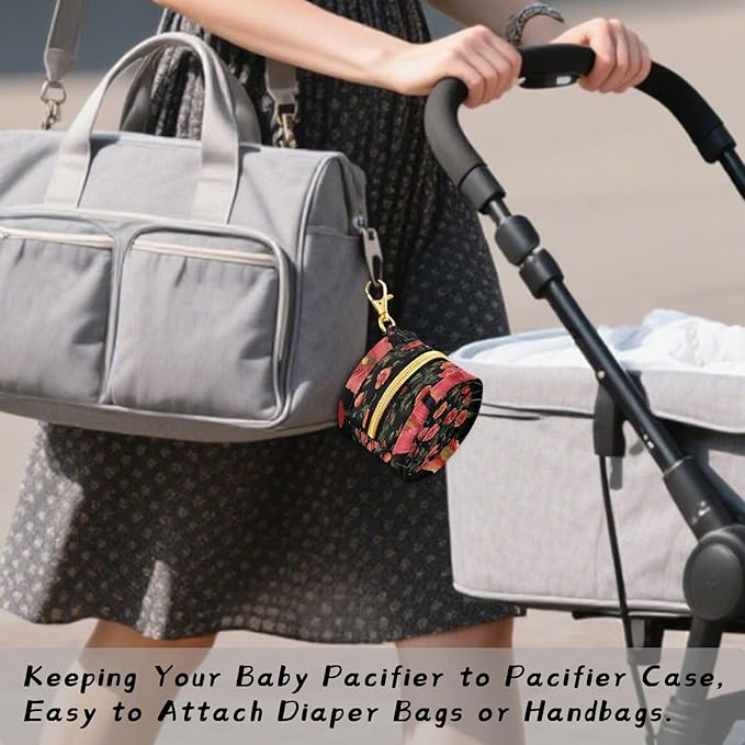 Pacifier Holder with Clip Pacifier Case for Diaper Bag Round Baby Pacifier Pouch Box Bag Portable Black Poppy Butterfly