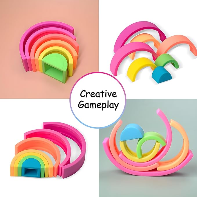 Silicone Stacking Toys for Babies, Rainbow Stacker, Montessori Nesting Blocks Soft Building Toys Large Sensory Stacking Toys for Creative Play & Learning, for Toddlers, 7CPS
