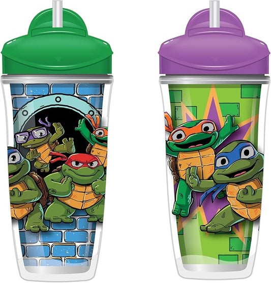 Playtex Baby Sipsters Straw Sippy Cup for 12+ Months, 9 Ounce (2 Count), Teenage Mutant Ninja Turtles Design, Insulated Toddler Water Bottle for Kids, Spill-Proof Cups for Toddlers 1-3, Stage 3