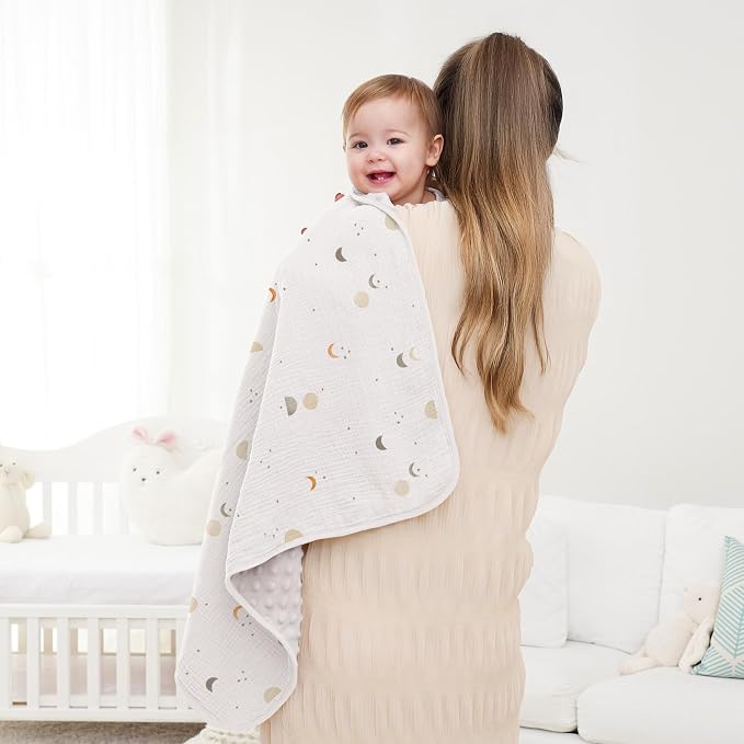 Susurration Baby Blanket for Unisex Boys Girls, Soft Nursery Minky Blanket with Muslin Cotton Front and Dotted Fleece Back, Receiving Blanket for Baby Newborn Infant, 30x40inch