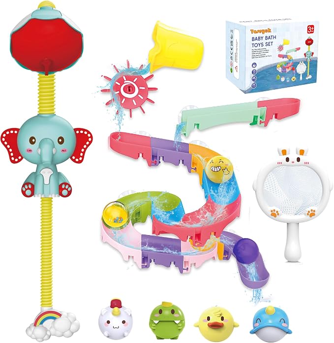 taseyok Toddler Bath Toys, Baby Bathtub Toys with Elephant Shower Sprays and Slide Track, Fishing Floating Animals Toys, Creative Shower Toys Christmas Birthday Gifts for Boys and Girls