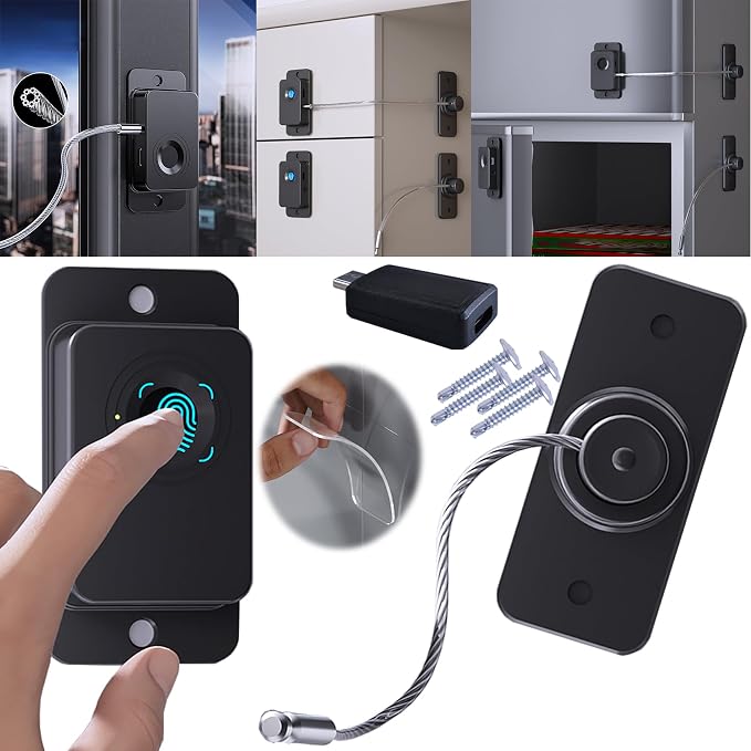Fingerprint Refrigerator Lock Child Safety No Drill 20 Users | Biometric Latch for Adults Teens Pet, Emergency USB Key, for RV Cabinet French Fridge Freezer Drawer Window, Adhesive / Screw