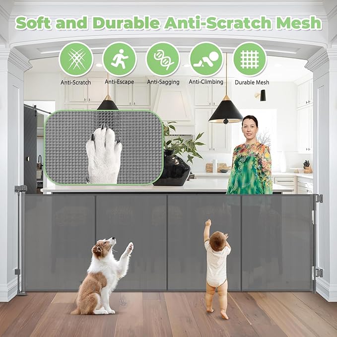 Reinforced 37" Tall x 155" Extra Wide Retractable Baby Gates with Reinforced Rods, 13ft Extra Wide Dog Gate ??Prevents Crawling Under, Retractable Pet Gate Retractable Fence Garage Gates for Dogs/Gray