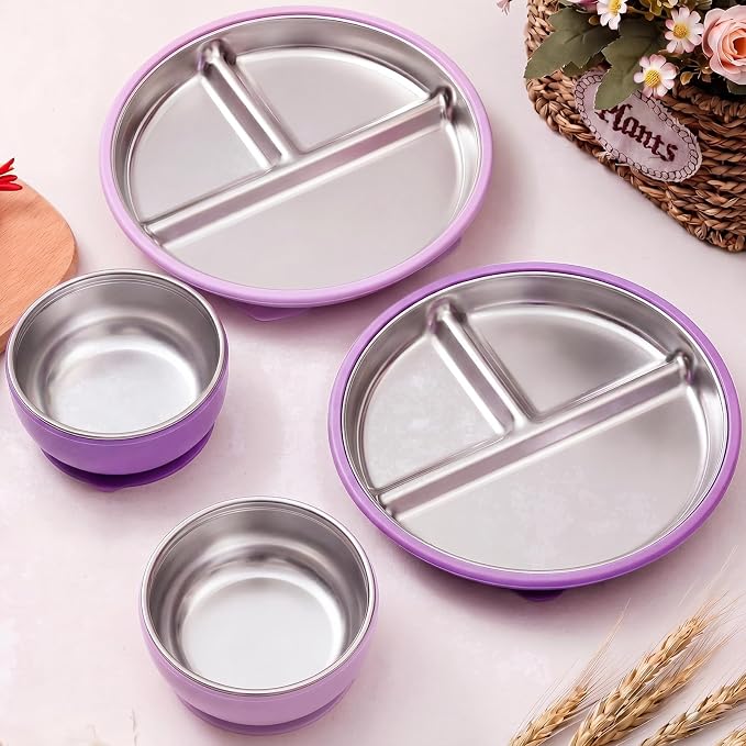 Havawish 4 Pcs Stainless Steel Baby Plate and Bowl with Suction, 8.3" Kid Divided Plate 4" Toddler Bowl with Removable Silicone, BPA-free Non-slip Baby Feed Set Dishwasher Safe for Boy Girl (Purple)