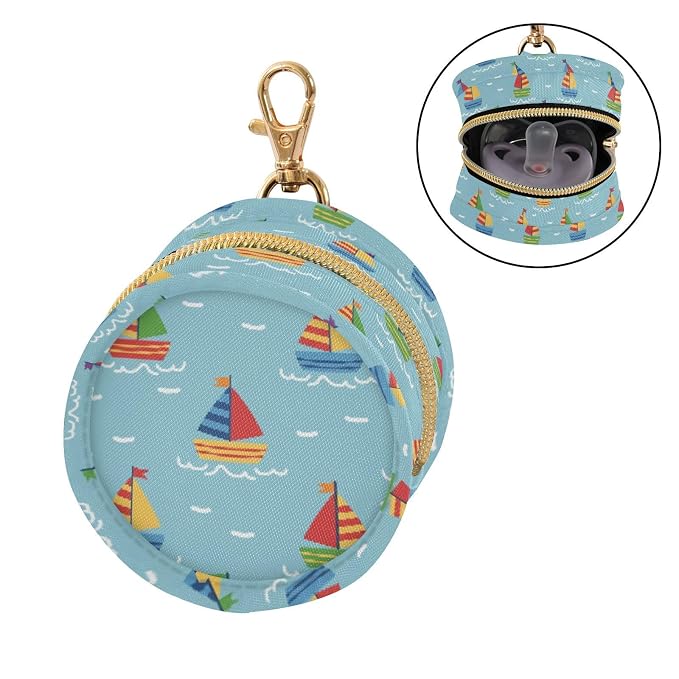 Baby Pacifier Case with Clip, Cartoon Sailboats Portable Pacifier Holder, TPU Lined Dust-Proof Storage Pouch for Diaper Bag and Stroller