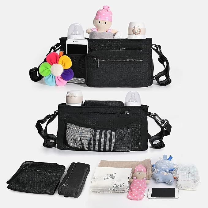 YOXIER Stroller Organizer,Baby Stroller Organizer with 2 Insulated Cup Holder,Detachable Zippered Pocket & Adjustable Shoulder Strap, Universal Stroller Accessories Fits for All Baby Strollers Pink