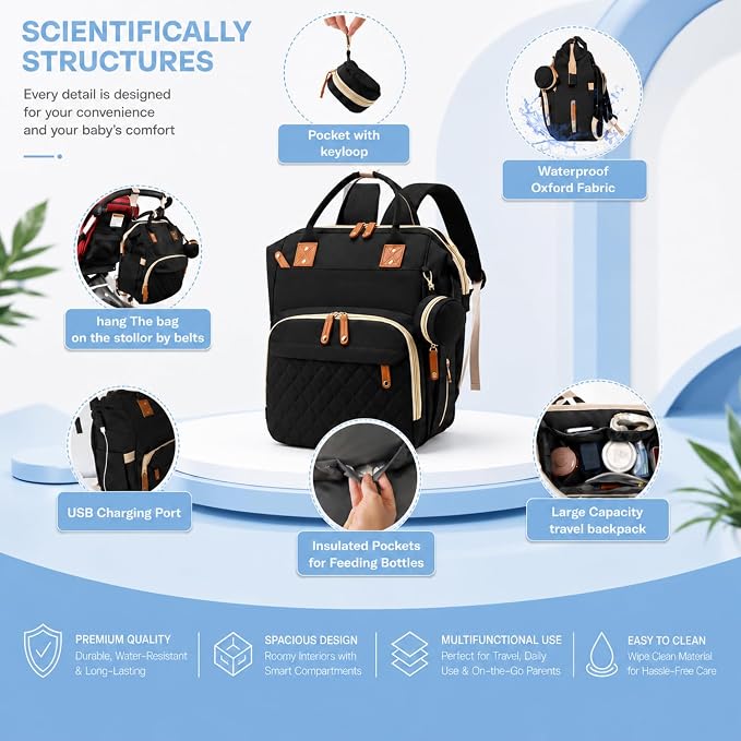 Baby Diaper Backpack with Changing Pad, Waterproof, USB Port, Large Capacity (Black)