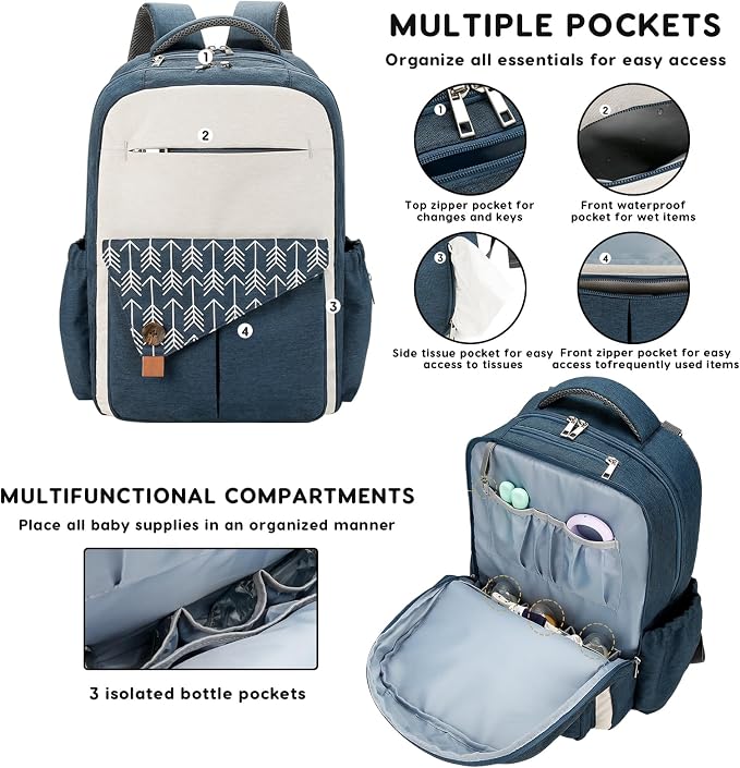 SONARIN Large Capacity Multi-Pocket Diaper Bag Backpack Waterproof Nappy Changing Bag Travel Mummy Bag with Stroller Straps(Blue)