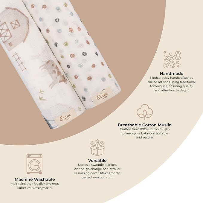 Crane Baby Charlie 2-pc. Farmhouse Tractor Dot Swaddle Set, 100% Cotton Muslin Swaddle Blankets for Newborns, Baby Boy Blanket Neutral, Infant Receiving Blankets for Boys, Rustic Farm Nursery Decor