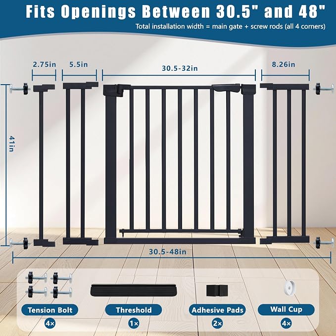 Rgqphantom 41" Tall Safety Pet Gate,Adjustable 30.5"-48" Wide,No Drilling Pressure Mount Kit,Auto Close Cat Gate Suitable for Stairs,Doorways (Black, 30.5"-48" W)