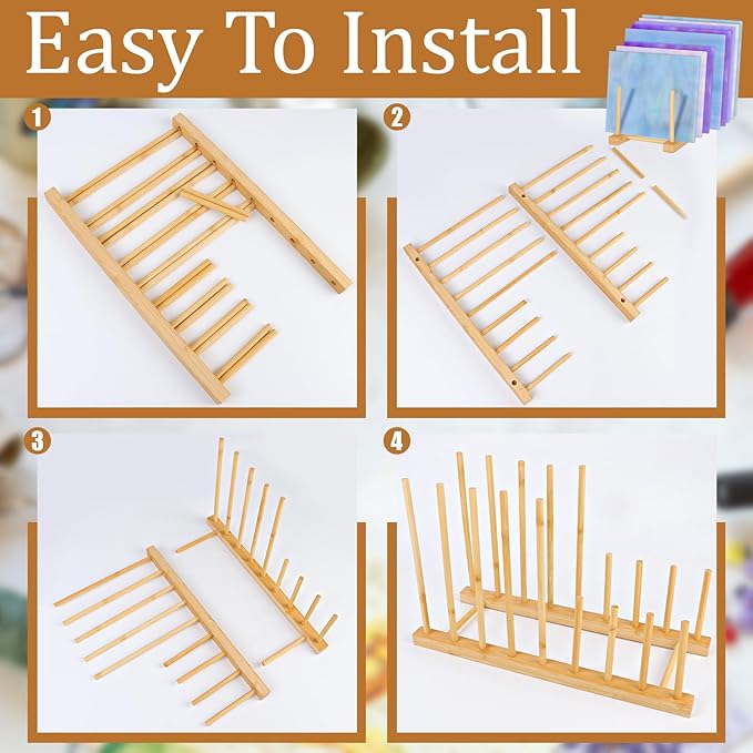 3Pack Stained Glass Organizer Bamboo Dish Plate Rack Wooden Dish Plate Stand Stained Glass Holder Space Saving Bamboo Drying Rack Baby Bottle Drying Rack, 8 Slots Organizer