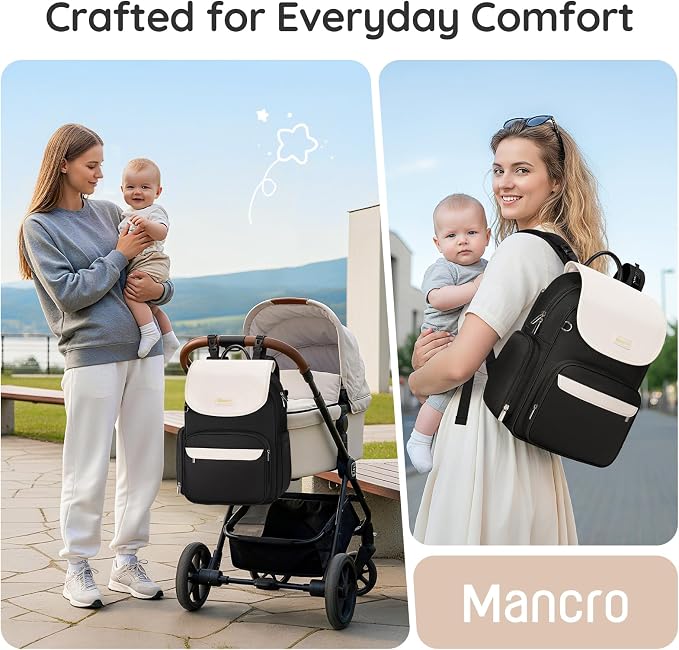Mancro Small Diaper Bag Backpack with Changing Pad, Stylish Diaper Bag with Insulated Bottle Pocket, Water Resistant Baby Bags for Mom for Travel with Stroller Straps, Black-White