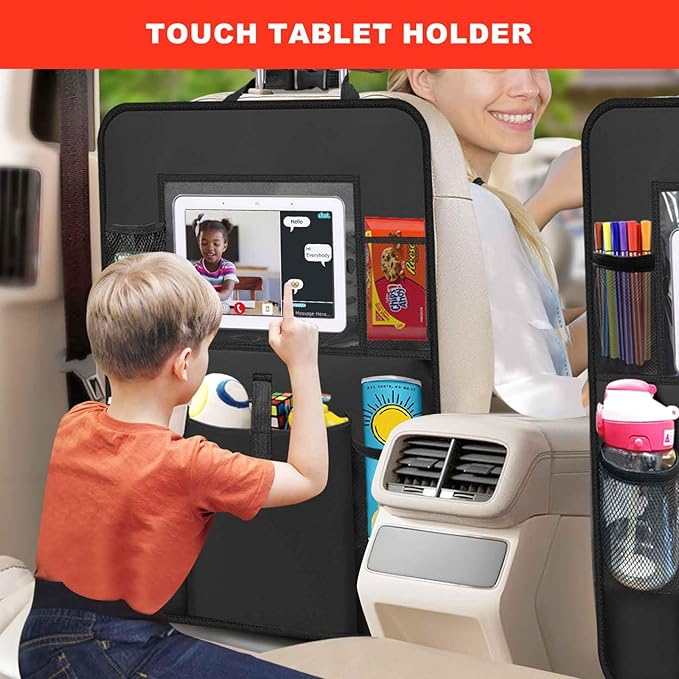 2 Pack Car Backseat Organizer with Touch Screen Tablet Holder,6 Storage Pockets Protectors Kick Mats,Car Back Seat Cover Protector Travel Accessories for Kids
