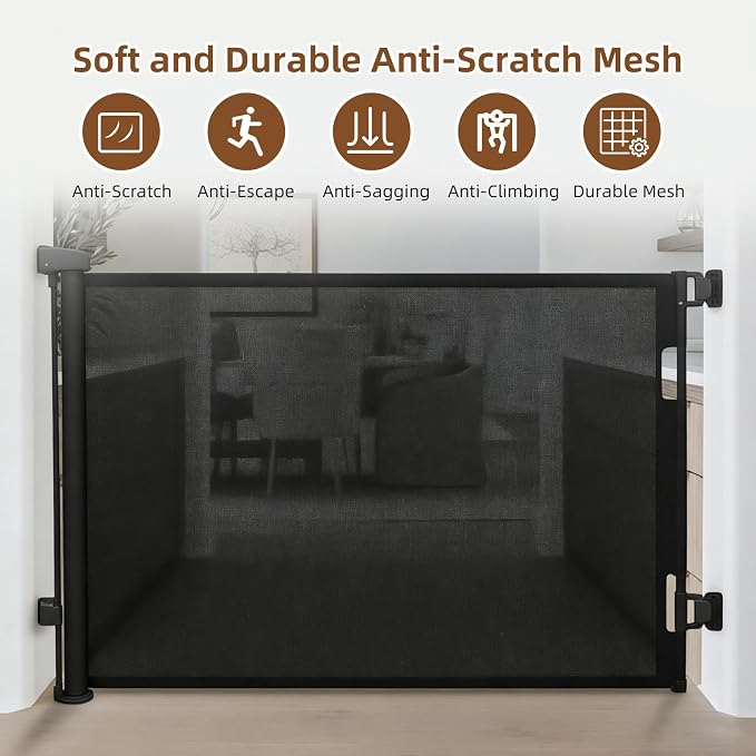 Retractable Baby Gate, 55 in Wide x 33 in Tall Mesh Dog Gate, Hardware Mounted Safety Gate with Double Lock for Doorways, Hallways, Indoor Outdoor, Black