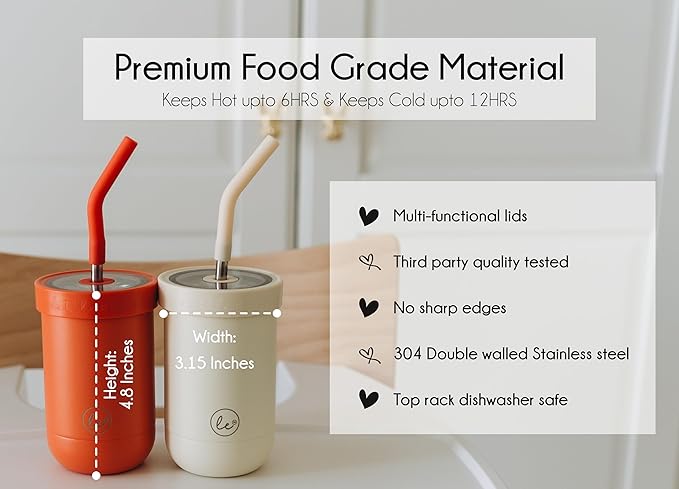Toddler straw cups spill proof | Set of 2 Stainless steel Baby straw sippy cups for toddlers 2+ 3+ year old | Insulated Kids cup tumblers | Best training cups for toddlers 1-3