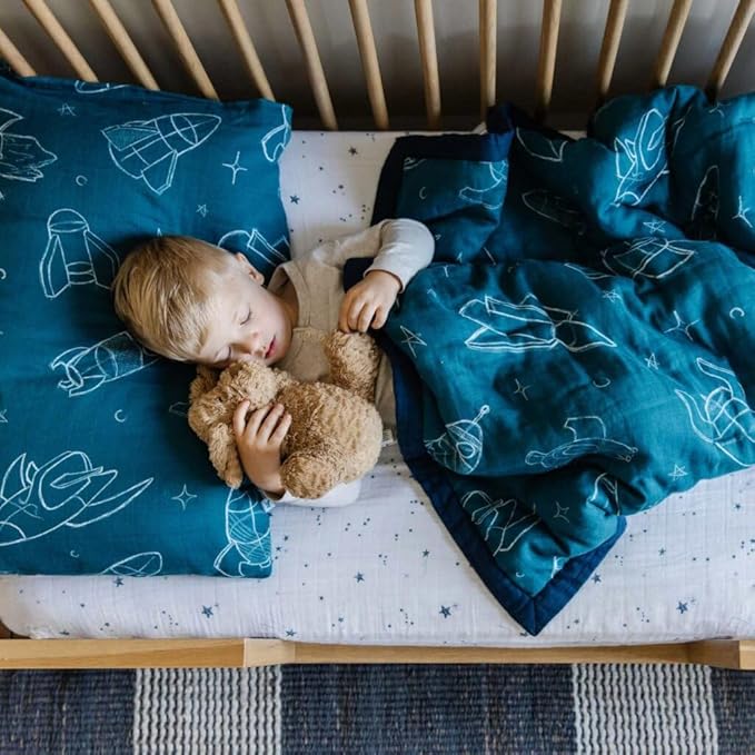 Little Unicorn Muslin Comforter Blanket | Soft & Breathable Muslin Fabric | 36"x50" | 100% Cotton | Crib & Toddler Bed Blanket (Blast Off)